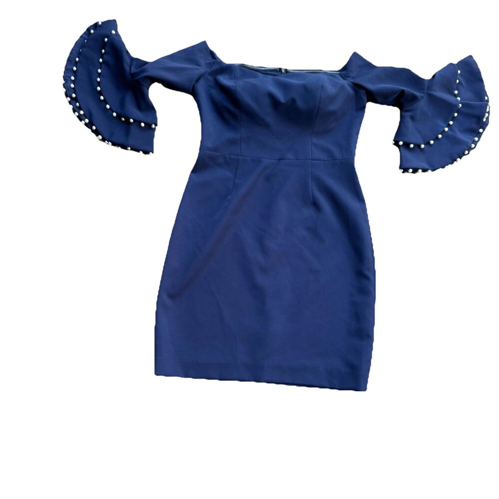 Maggy London Dress Size 8 Off Shoulder Bell Sleeve Pearls Midi Navy Blue Sheath